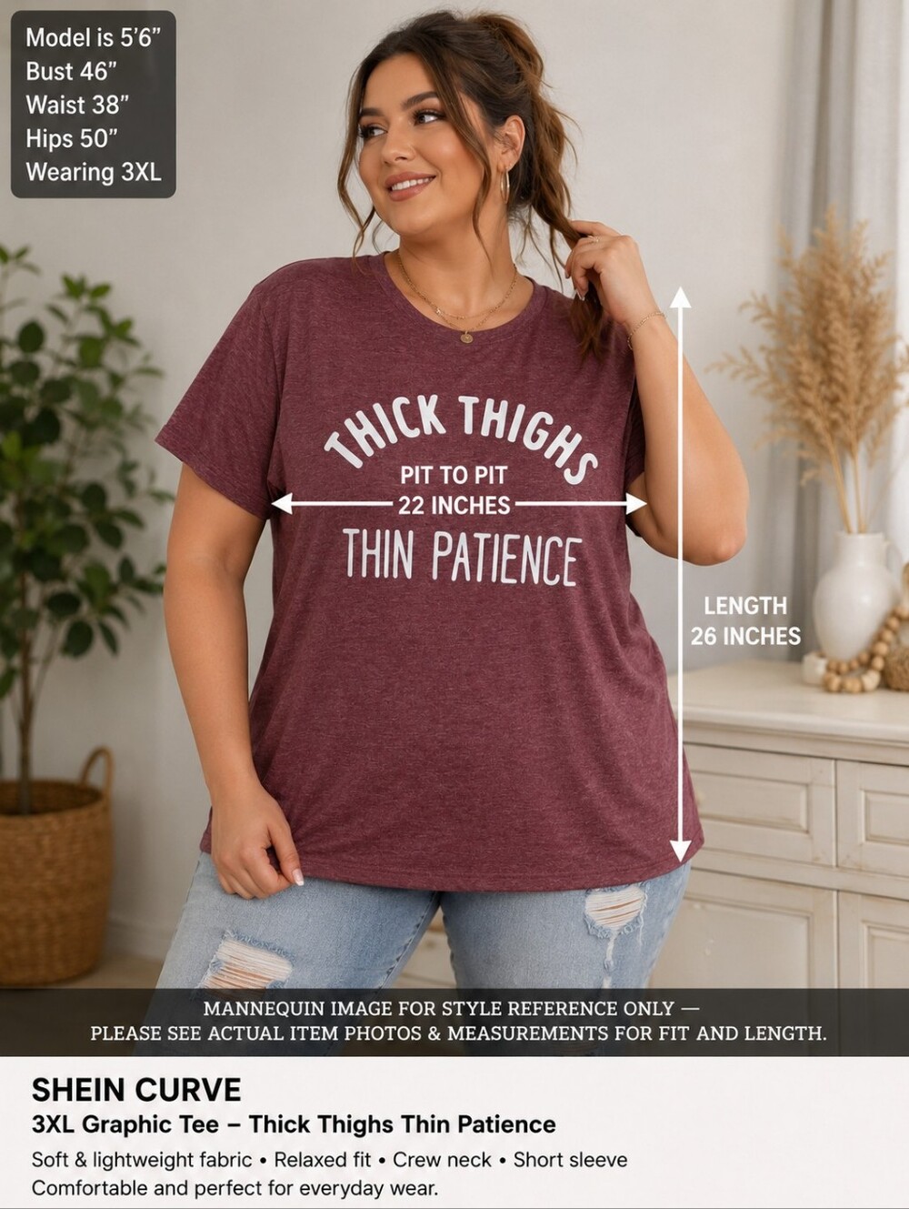 Curve 3XL Thick Thighs Thin Patience Burgundy Graphic Tee